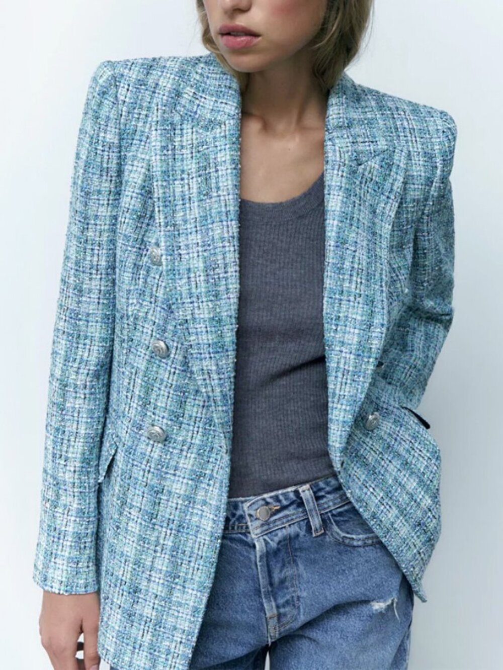 ZARA Tweed Blue Blazer Size S